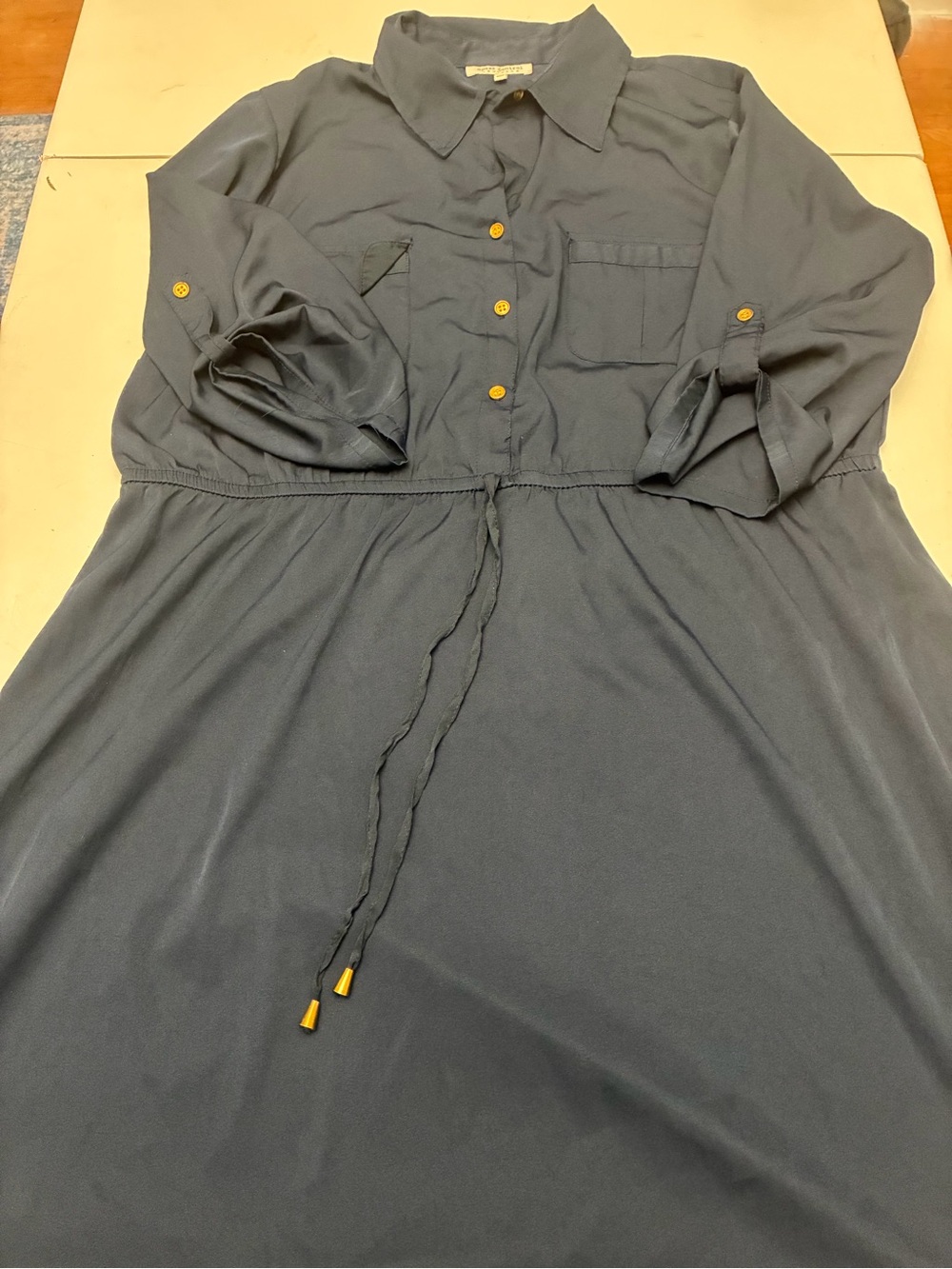 Speed Control Navy Long-Sleeve Shirtwaist Dress with Drawstring